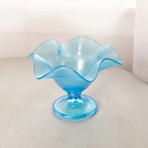 Vintage Blue Stretch Glass Ruffled Footed Bowl